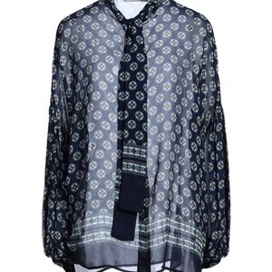 Sheer Navy Printed Tie-Neck Blouse